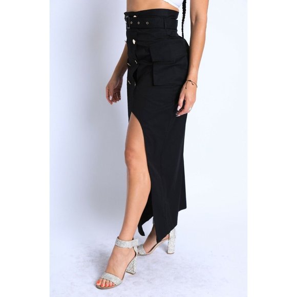 Women Asymmetric Self Belted Pockets Detailed Maxi Skirt Formal Casual - Picture 2 of 10